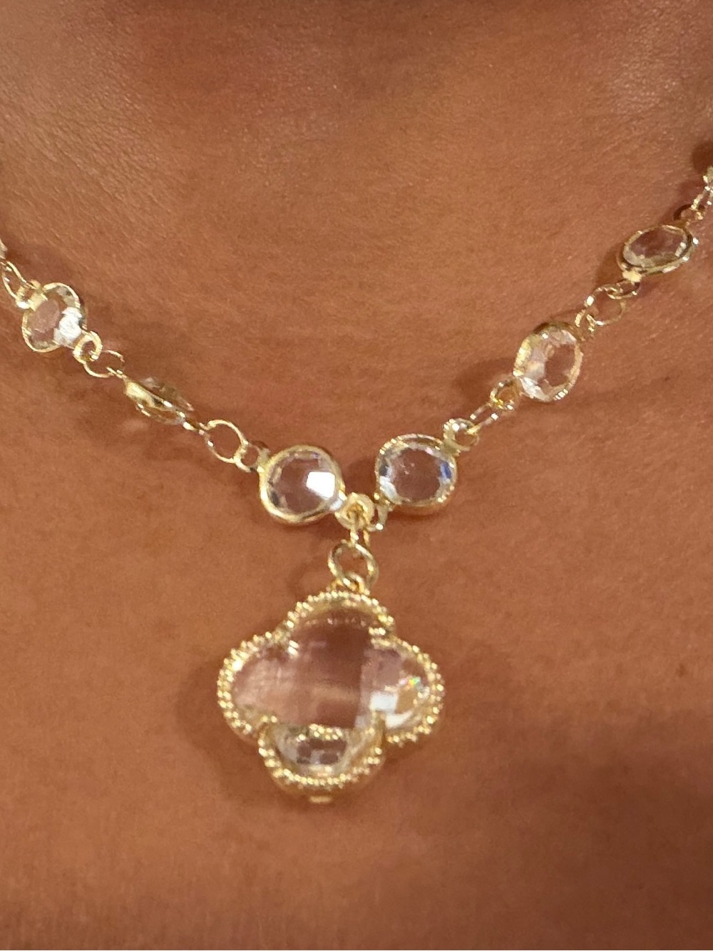 Gold-Plated Clear Crystal Clover Pendant Necklace - Women Jewelry